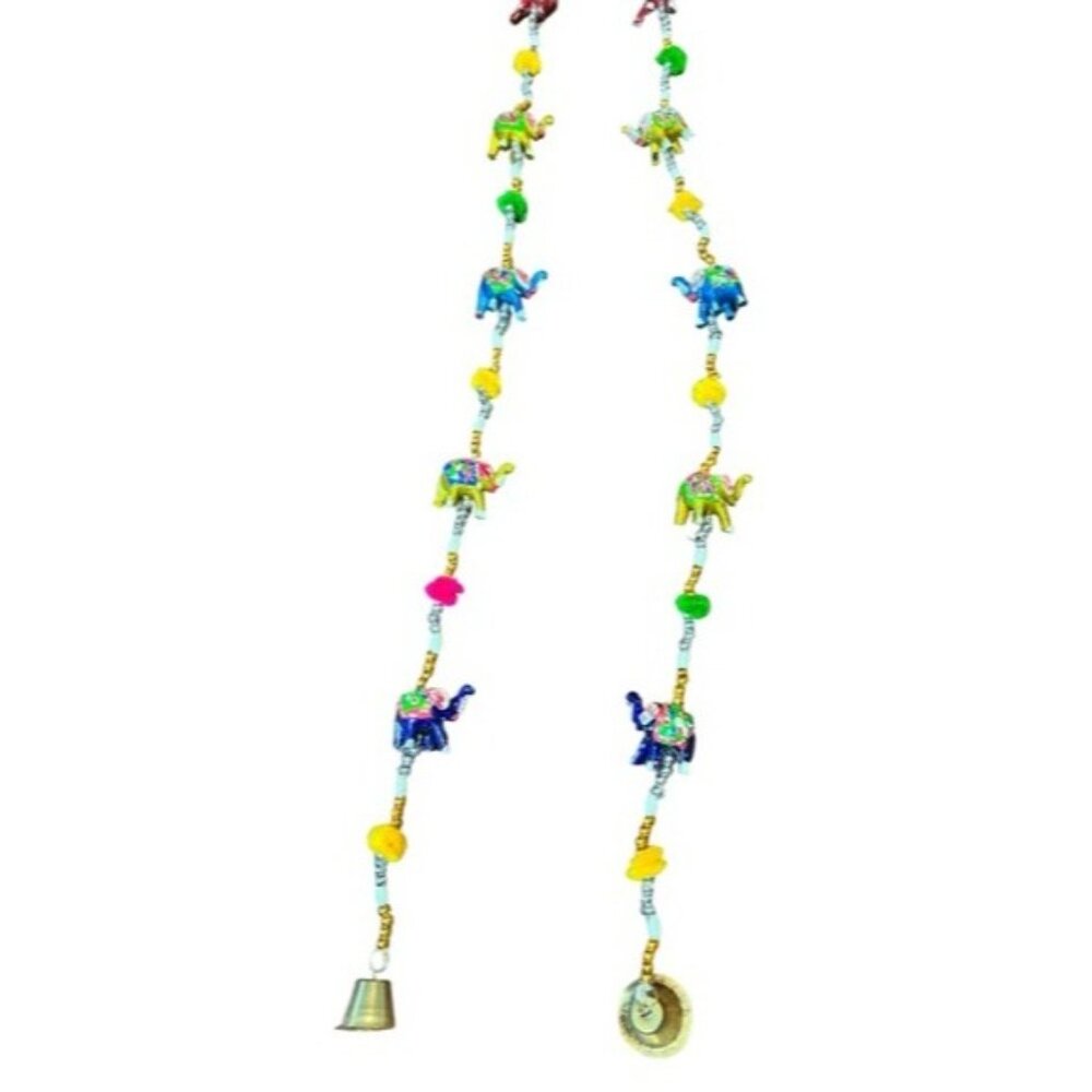 Handmade Colorful Elephant Beaded Hanging With Bells - 44"‎ Long